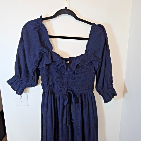 Smocked waist peasant square neck dress Large Navy Rayon Puff Sleeve Cottagecore - Picture 2 of 9